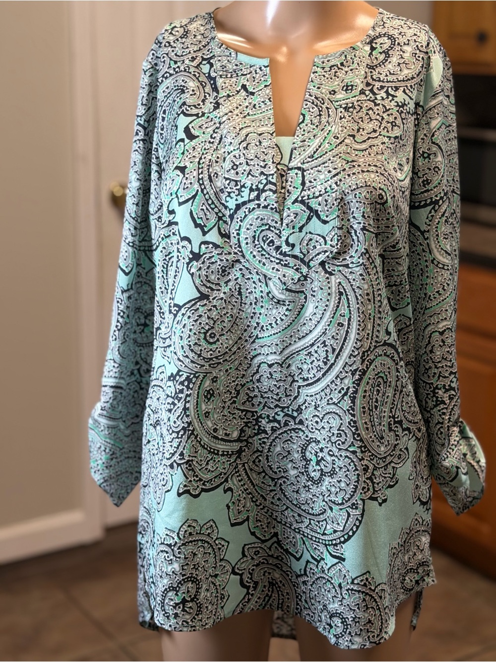 The Limited Mint & Black Paisley Split-Neck Tunic